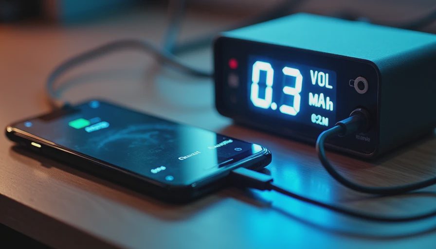 Smartphone connected to USB power meter showing battery drain readings on workbench