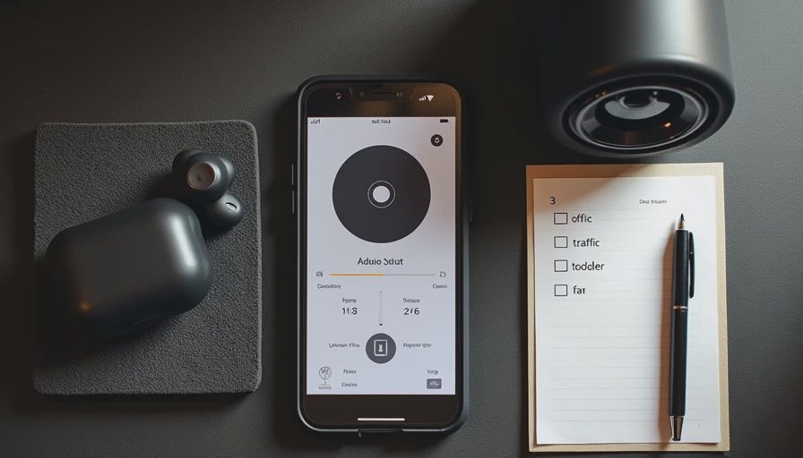 Earbuds, reference speaker and labeled noise-track checklist during ANC testing