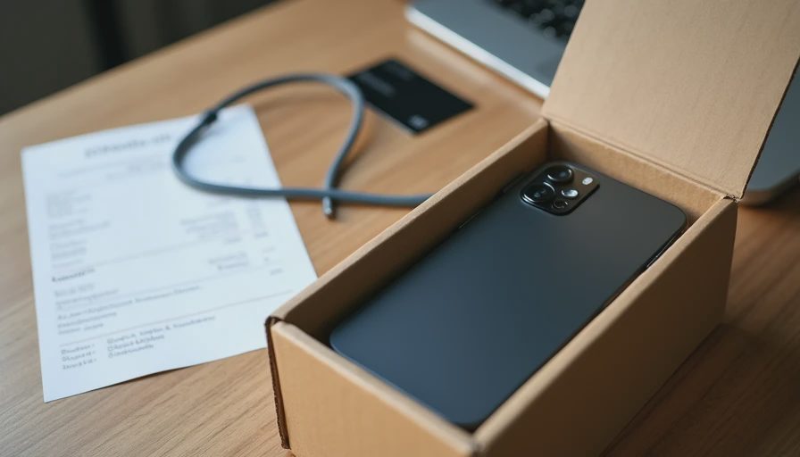 Unopened smartphone retail box next to receipt and credit card on wooden desk