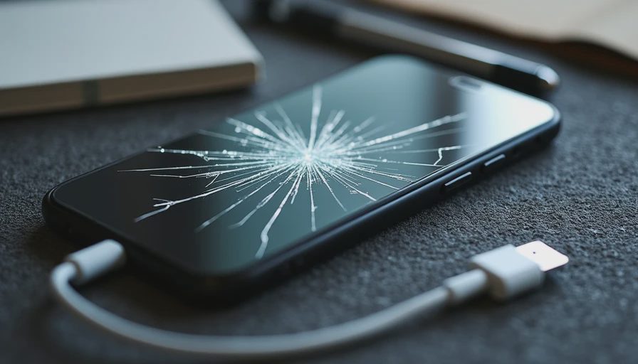 Cracked phone screen and frayed cable during damage inspection