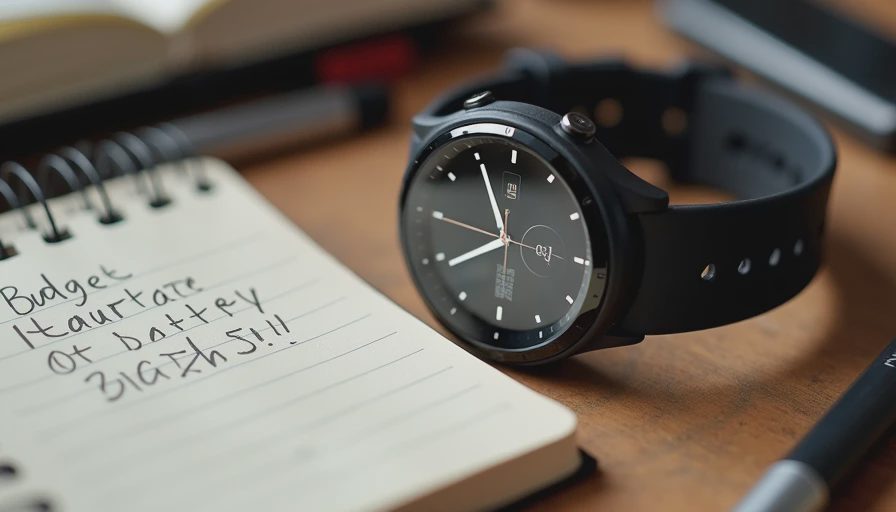 Budget fitness watch with handwritten training notes during comparison
