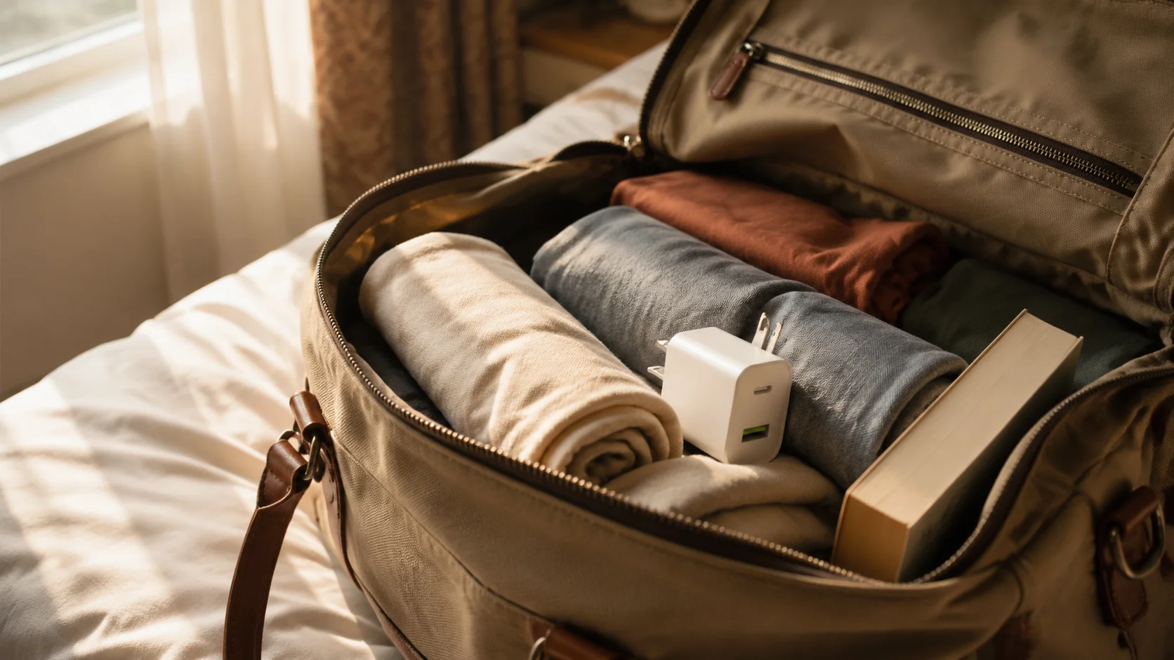 Compact USB-C wall charger packed in an open travel bag next to rolled clothing