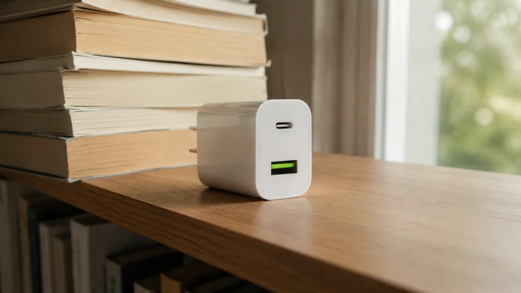 Compact USB-C wall charger cube shown at scale next to a stack of paperback books