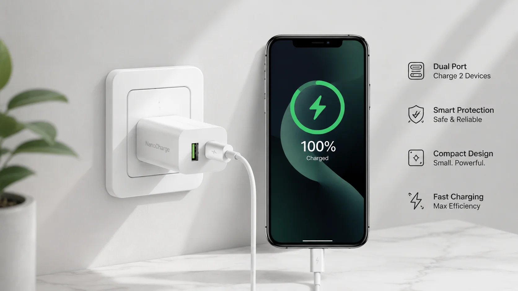 compact dual port fast charger with smartphone battery charging graphic.