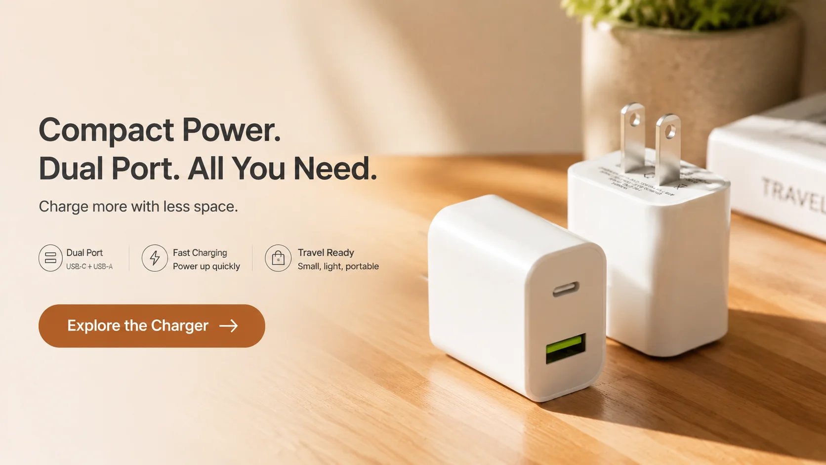 USB-C wall charger cube on a ceramic dish in warm golden-hour light