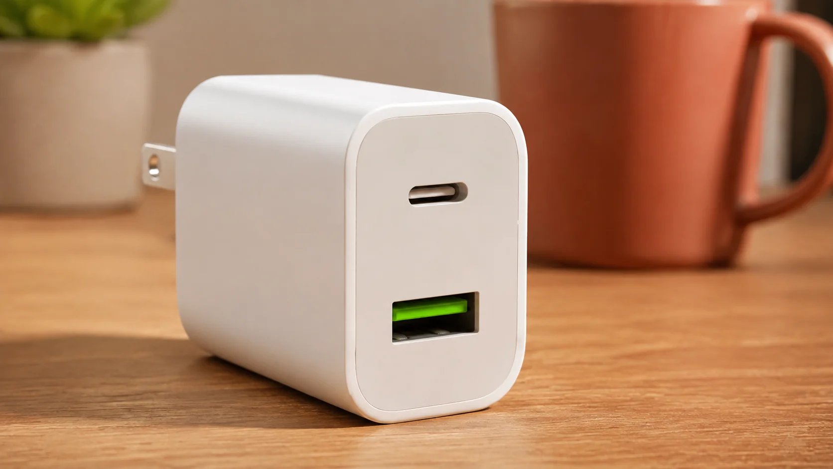 Macro shot of the dual USB-A and USB-C ports on a compact wall charger